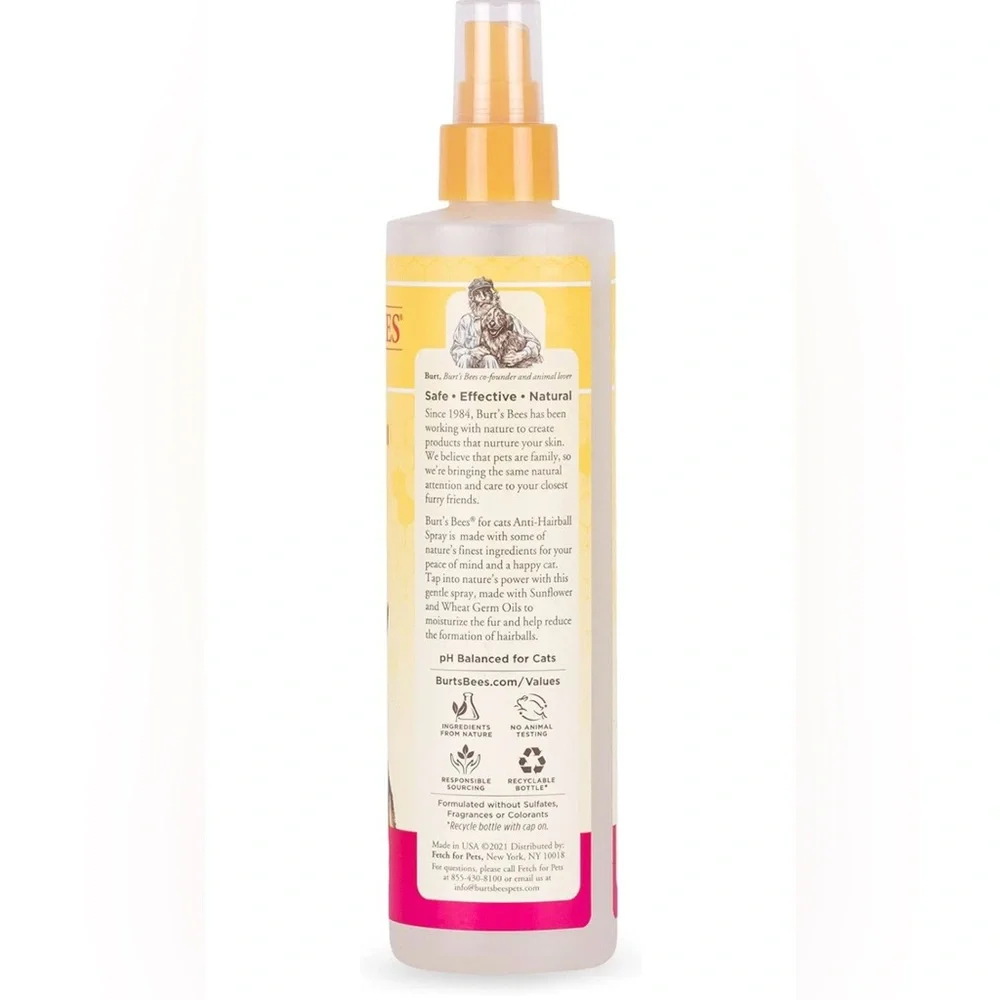 Burt's Bee Anti-Hairball Cat Pet Spray Wheat Germ Oil & Sunflower Oil 10 Oz New
